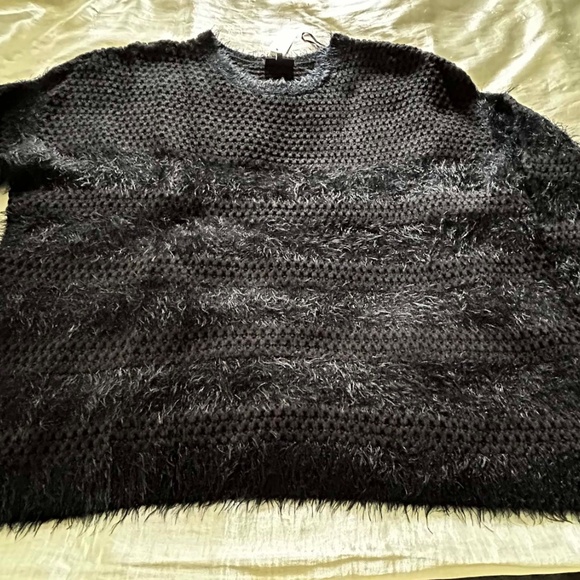 SOFT FUZZY SWEATER, BLACK, SIZE 4X, LONG SLEEVES, RIBBED CREW NECK, DROP SHOULDE - Picture 2 of 11